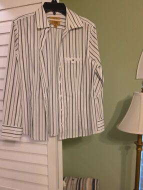Gold Label Investments Ladies White Button-Up Shirt with Black Stripes